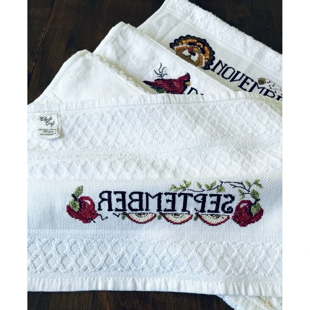 Vtg Cross Stitch Completed All 12 Months of the Year Dish Towels NEW